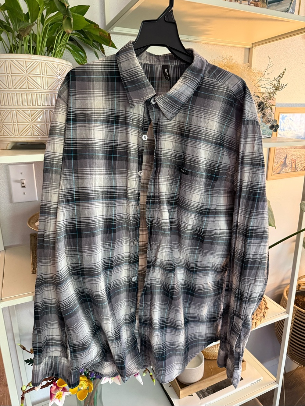 RVCA Men's Gray Plaid Button-Down Shirt with Teal Accent